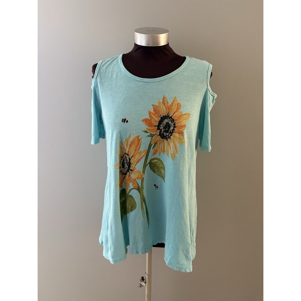 Jess & Jane Daisy Top Size M Blue Cold Shoulder Floral Asymmetrical Bumblebee